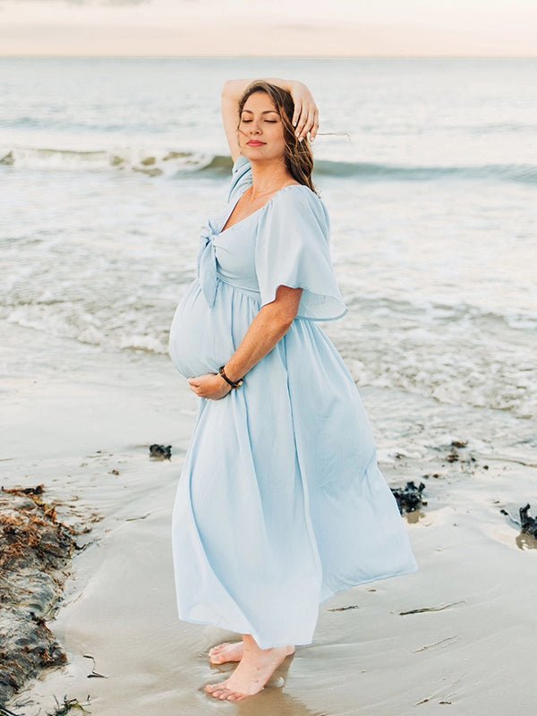Bow Flutter Sleeve Solid V-neck Flowy Beach Cute Photoshoot Baby Shower Maternity Maxi Dress for Maternity