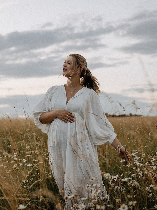 White Front Tie Up Deep V-neck Lantern Sleeve Loose Sundress Elegant Vacation Baby Moon Flowy Boho Maternity Photoshoot Baby Shower Maxi Dress for Maternity