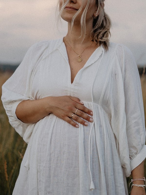 White Front Tie Up Deep V-neck Lantern Sleeve Loose Sundress Elegant Vacation Baby Moon Flowy Boho Maternity Photoshoot Baby Shower Maxi Dress for Maternity