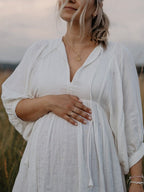 White Front Tie Up Deep V-neck Lantern Sleeve Loose Sundress Elegant Vacation Baby Moon Flowy Boho Maternity Photoshoot Baby Shower Maxi Dress for Maternity