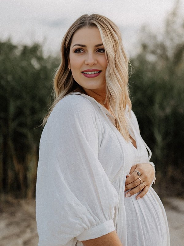 White Front Tie Up Deep V-neck Lantern Sleeve Loose Sundress Elegant Vacation Baby Moon Flowy Boho Maternity Photoshoot Baby Shower Maxi Dress for Maternity