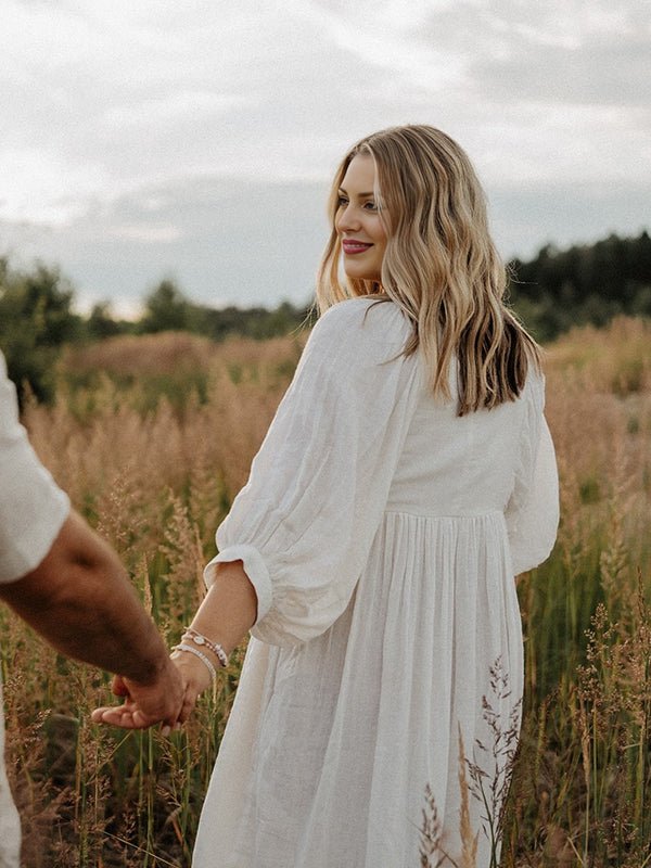 White Front Tie Up Deep V-neck Lantern Sleeve Loose Sundress Elegant Vacation Baby Moon Flowy Boho Maternity Photoshoot Baby Shower Maxi Dress for Maternity
