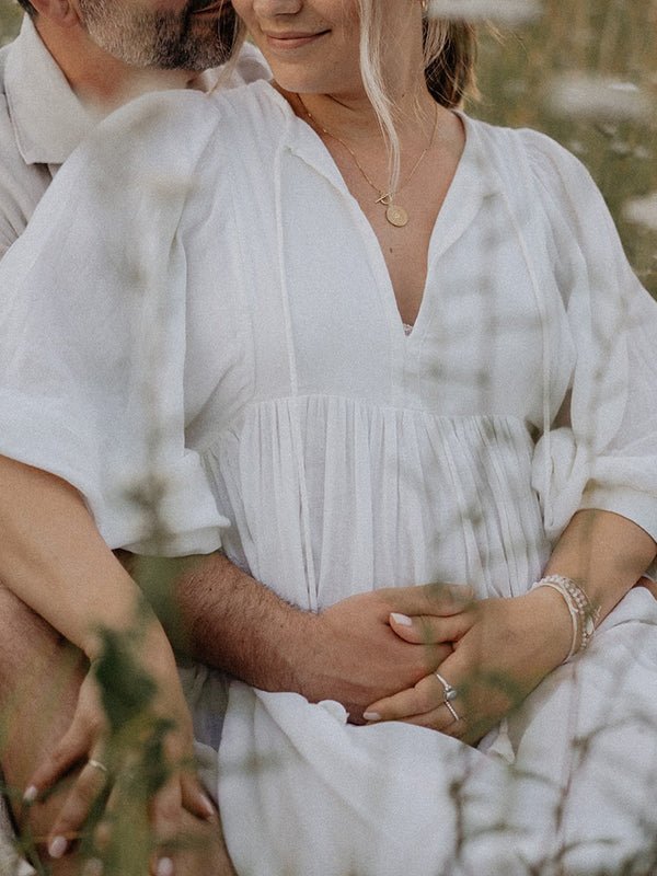 White Front Tie Up Deep V-neck Lantern Sleeve Loose Sundress Elegant Vacation Baby Moon Flowy Boho Maternity Photoshoot Baby Shower Maxi Dress for Maternity