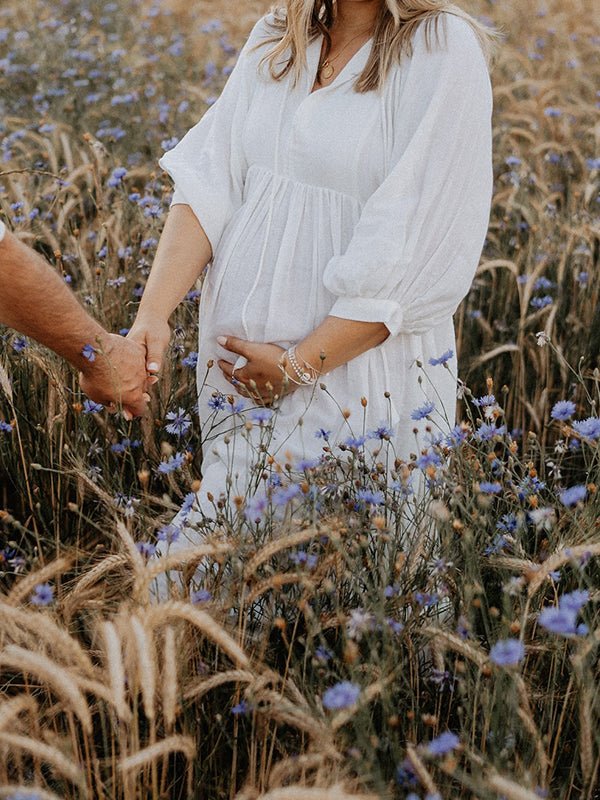 White Front Tie Up Deep V-neck Lantern Sleeve Loose Sundress Elegant Vacation Baby Moon Flowy Boho Maternity Photoshoot Baby Shower Maxi Dress for Maternity