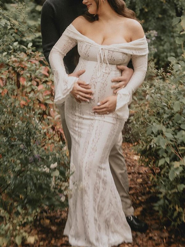 White Off Shoulder Lace Bandeau Tie Front Mermaid Bandage Going Out Photoshoot Maternity Maxi Dress for Maternity