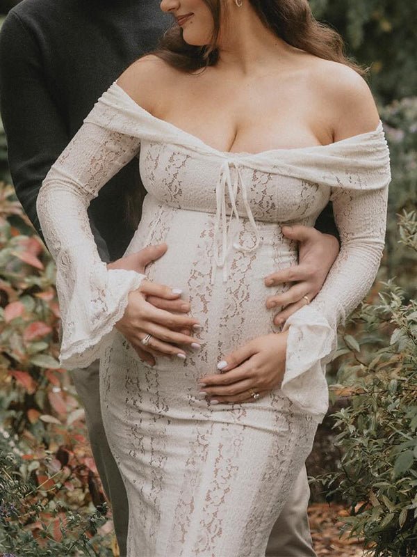 White Off Shoulder Lace Bandeau Tie Front Mermaid Bandage Going Out Photoshoot Maternity Maxi Dress for Maternity