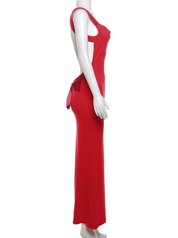 Solid Color Bow Tank Backless Mermaid Elegant Cocktail Party Maternity Baby Shower Maxi Dress for Maternity