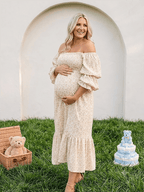 Ruffle Ruched High Waist Puff Sleeve Cute Photoshoot Western Maternity Maxi Dress for Maternity