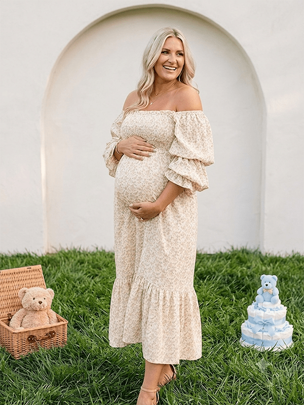 Ruffle Ruched High Waist Puff Sleeve Cute Photoshoot Western Maternity Maxi Dress for Maternity