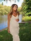 White Spaghetti Strap Backless 3d Flowers Maternity Maxi Dress for Maternity