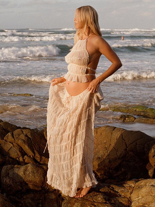 Beige 2 Piece Smocked Ruffle Backless Flowy Elegant Vacation Beach Photoshoot Maternity Maxi Dress for Maternity