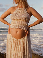 Beige 2 Piece Smocked Ruffle Backless Flowy Elegant Vacation Beach Photoshoot Maternity Maxi Dress for Maternity
