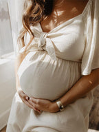 Bow Flutter Sleeve Solid V-neck Flowy Vacation Beach Cute Baby Shower Photoshoot Maternity Maxi Dress for Maternity