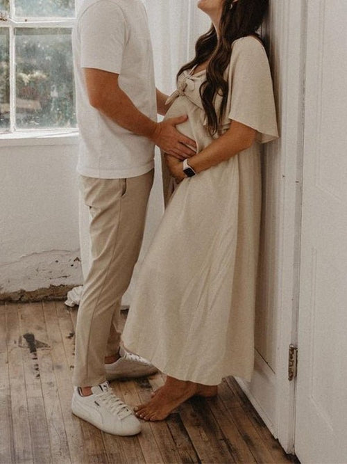 Bow Flutter Sleeve Solid V-neck Flowy Vacation Beach Cute Baby Shower Photoshoot Maternity Maxi Dress for Maternity