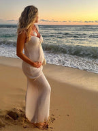 Smocked Bow Tie Side Slit Elegant Bodycon Vacation Beach Photoshoot Cute Baby Shower Maternity Maxi Dress for Maternity
