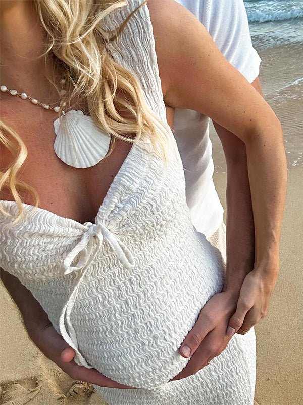 Smocked Bow Tie Side Slit Elegant Bodycon Vacation Beach Photoshoot Cute Baby Shower Maternity Maxi Dress for Maternity