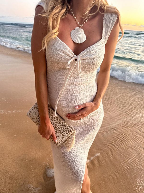 Smocked Bow Tie Side Slit Elegant Bodycon Vacation Beach Photoshoot Cute Baby Shower Maternity Maxi Dress for Maternity