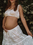 White Two Piece Lace Cut Out Off Shoulder Tie Elegant Flowy Vacation Photoshoot Maternity Maxi Dress for Maternity