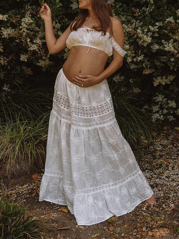 White Two Piece Lace Cut Out Off Shoulder Tie Elegant Flowy Vacation Photoshoot Maternity Maxi Dress for Maternity