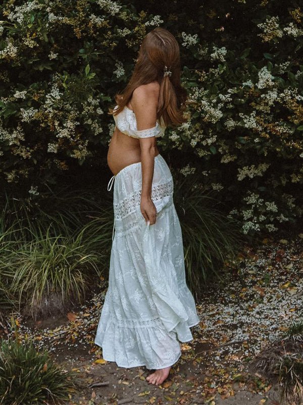 White Two Piece Lace Cut Out Off Shoulder Tie Elegant Flowy Vacation Photoshoot Maternity Maxi Dress for Maternity