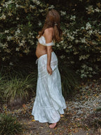 White Two Piece Lace Cut Out Off Shoulder Tie Elegant Flowy Vacation Photoshoot Maternity Maxi Dress for Maternity