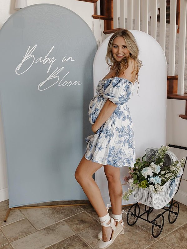 Blue Floral Ruched Off Shoulder A-line Puff Sleeve Sweet Going Out Maternity Photoshoot Baby Shower Mini Dress for Maternity