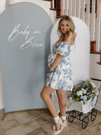 Blue Floral Ruched Off Shoulder A-line Puff Sleeve Sweet Going Out Maternity Photoshoot Baby Shower Mini Dress for Maternity