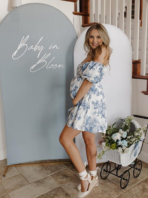 Blue Floral Ruched Off Shoulder A-line Puff Sleeve Sweet Going Out Maternity Photoshoot Baby Shower Mini Dress for Maternity