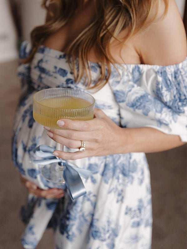 Blue Floral Ruched Off Shoulder A-line Puff Sleeve Sweet Going Out Maternity Photoshoot Baby Shower Mini Dress for Maternity