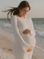 Solid Color Sashes Knit Lace-up High Waist Going Out Photoshoot Maternity Sweater Maxi Dress for Maternity