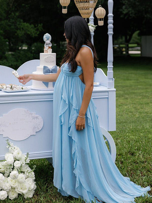 Blue Bandeau Strapless Ruffle Falbala Draped Big Swing Elegant Maternity Baby Shower Maxi Dress for Maternity