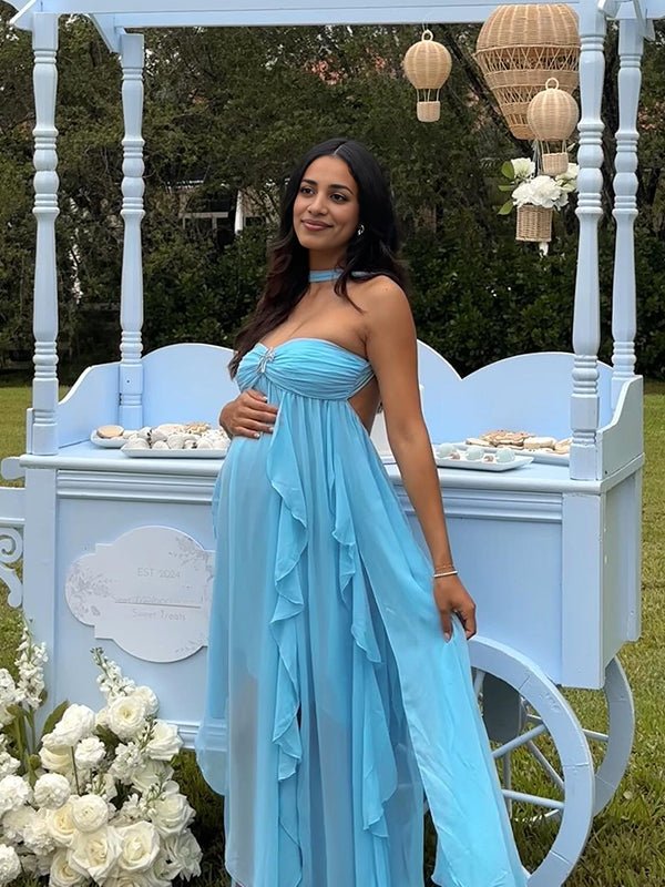 Blue Bandeau Strapless Ruffle Falbala Draped Big Swing Elegant Maternity Baby Shower Maxi Dress for Maternity