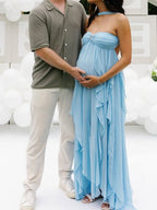 Blue Bandeau Strapless Ruffle Falbala Draped Big Swing Elegant Maternity Baby Shower Maxi Dress for Maternity