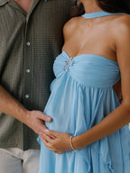Blue Bandeau Strapless Ruffle Falbala Draped Big Swing Elegant Maternity Baby Shower Maxi Dress for Maternity