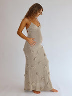 Shiny 3d Flowers Cami Backless Knitwear Elegant Maternity Photoshoot Maxi Dress for Maternity