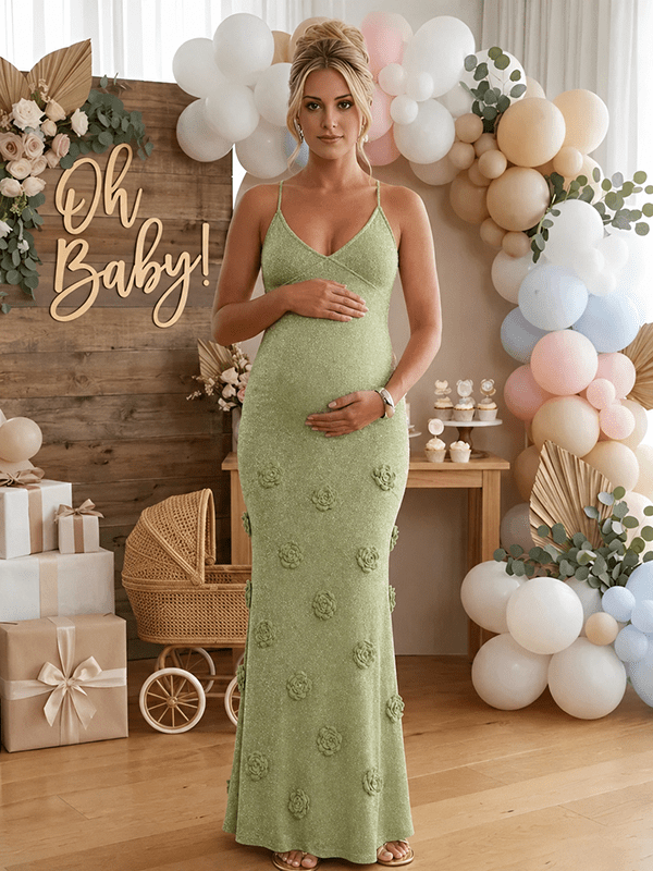 Shiny 3d Flowers Cami Backless Knitwear Elegant Maternity Photoshoot Maxi Dress for Maternity