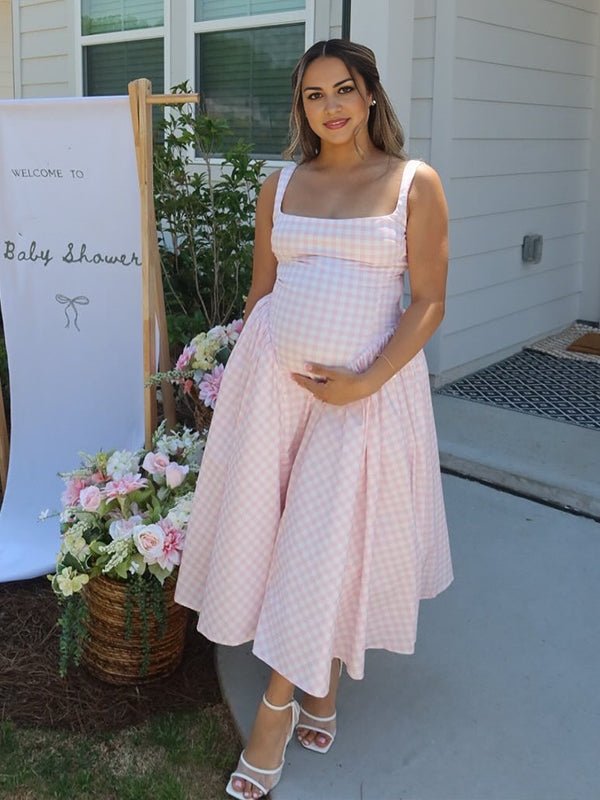Plaid Tank A-line Elegant Maternity Baby Shower Maxi Dress for Maternity