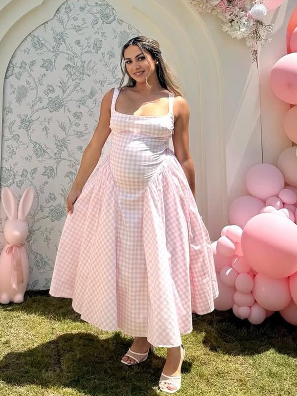 Plaid Tank A-line Elegant Maternity Baby Shower Maxi Dress for Maternity