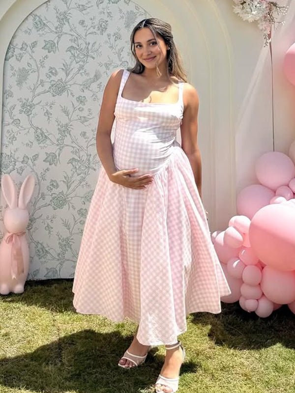 Plaid Tank A-line Elegant Maternity Baby Shower Maxi Dress for Maternity