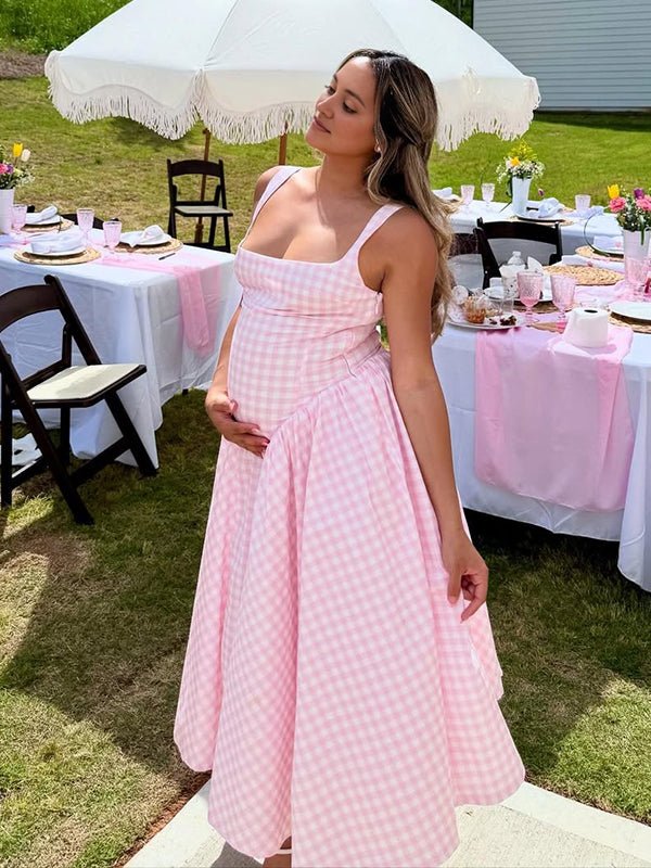 Plaid Tank A-line Elegant Maternity Baby Shower Maxi Dress for Maternity