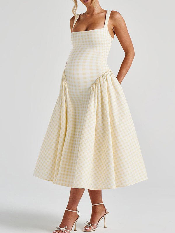 Plaid Tank A-line Elegant Maternity Baby Shower Maxi Dress for Maternity