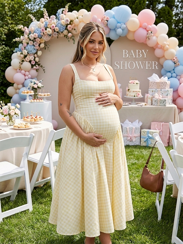 Plaid Tank A-line Elegant Maternity Baby Shower Maxi Dress for Maternity