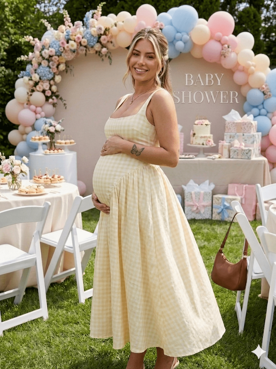 Plaid Tank A-line Elegant Maternity Baby Shower Maxi Dress for Maternity