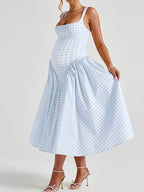 Plaid Tank A-line Elegant Maternity Baby Shower Maxi Dress for Maternity