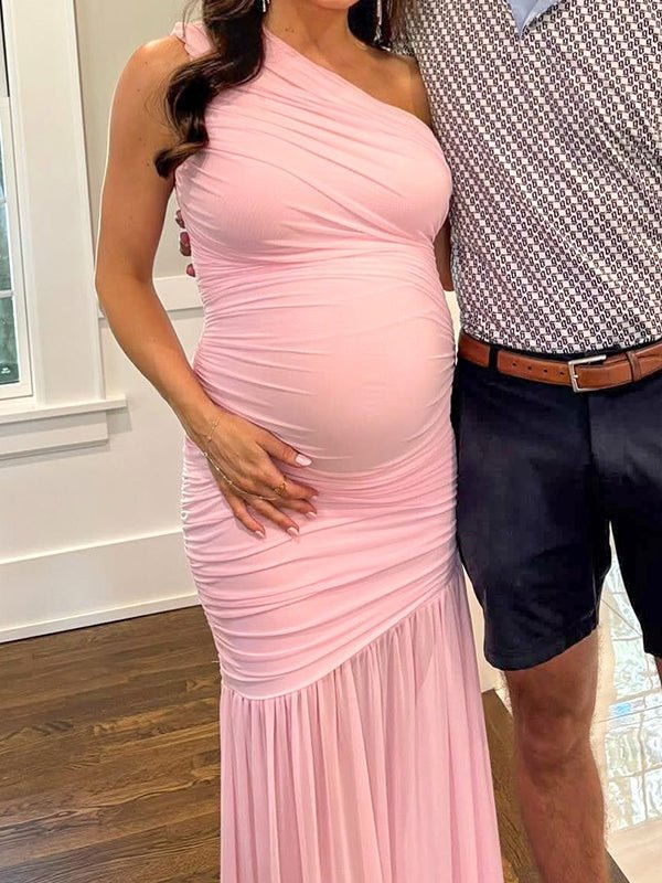 One Shoulder Mesh Ruched Mermaid Evening Gown Maternity Maxi Dress for Maternity