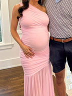 One Shoulder Mesh Ruched Mermaid Evening Gown Maternity Maxi Dress for Maternity
