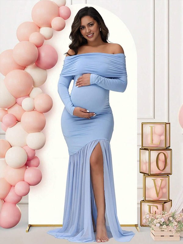 Off Shoulder Mesh Ruched Side Slit Maternity Maxi Dress for Maternity