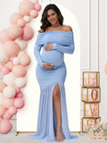Off Shoulder Mesh Ruched Side Slit Maternity Maxi Dress for Maternity