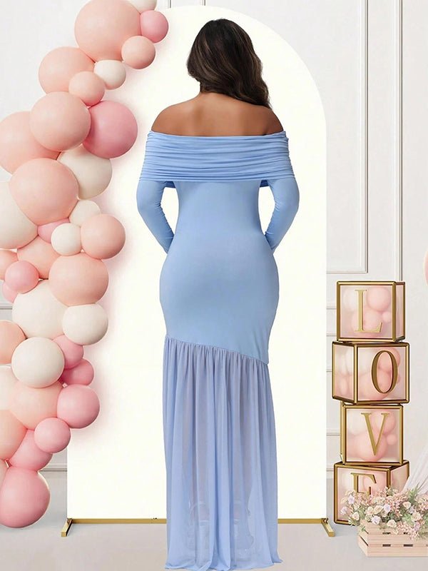 Off Shoulder Mesh Ruched Side Slit Maternity Maxi Dress for Maternity