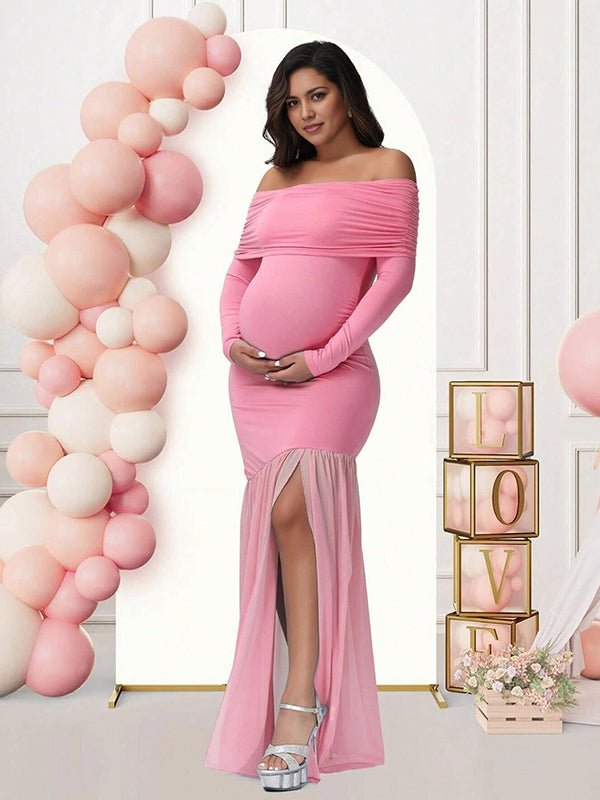 Off Shoulder Mesh Ruched Side Slit Maternity Maxi Dress for Maternity